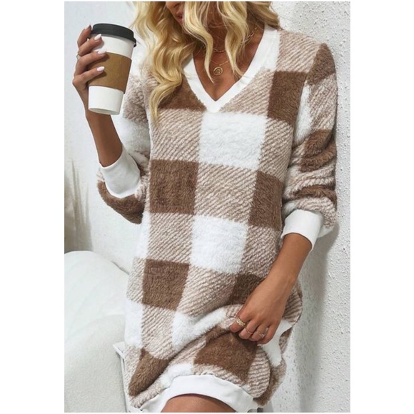 BellanBlue Dresses & Skirts - Cozy Checkered Gingham Print Teddy V neck Sweater Dress
